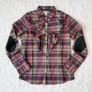 Teenie Weenie Woman Plaid Ruffle Neck Button Down Shirt LARGE Classic Equestrian